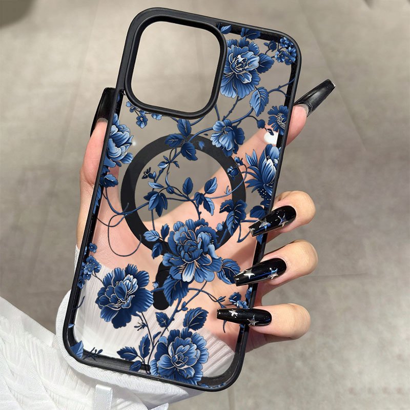 Phone Accessories List - Luxury Vintage Blue Floral Magnetic Phone
